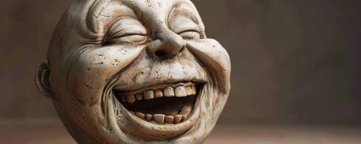 A disembodied white face in the shape of a ball. He is happy and laughing at something funny.