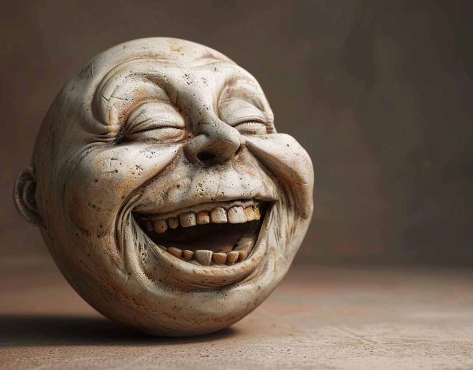 A disembodied white face in the shape of a ball. He is happy and laughing at something funny.